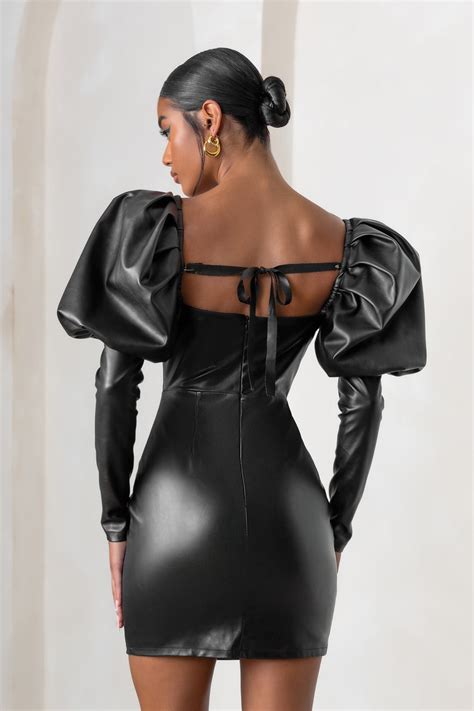 Karyme Black Faux Leather Puff Sleeve Mini Dress With Corset Detail Club L London Uk