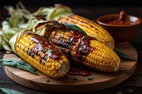 Grilled Corn Drizzled With Sweet And Tangy Barbecue Sauce Stock Photo