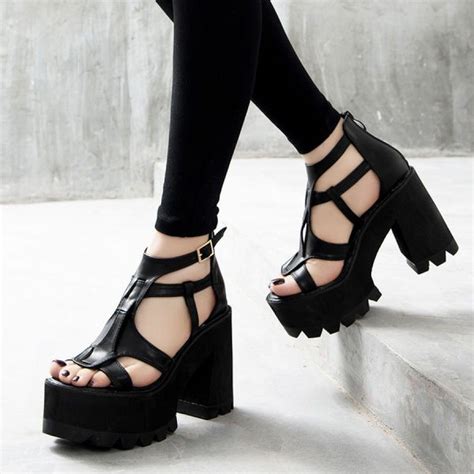 Chunky Black Hollow Out Zip Platform Chunky Heel Strappy Sandals