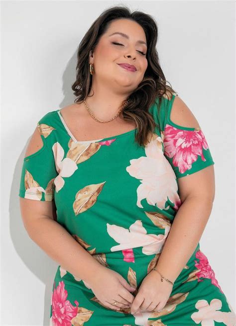 Blusa Floral Verde Decote Quadrado Plus Size Marguerite