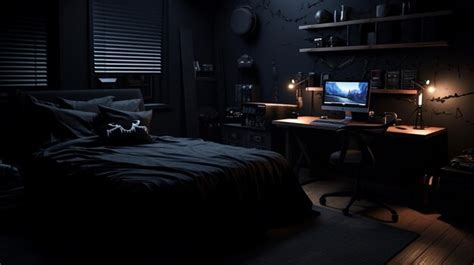 Premium Ai Image A Dark Room With A Bed And A Computer On The Desk