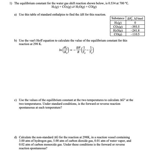 Solved The Equilibrium Constant For The Water Gas Shift Reaction Shown