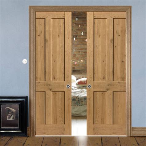 Rustic Oak Shaker 4 Panel Double Evokit Pocket Doors Prefinished Double Pocket Doors Pocket