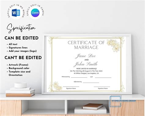 Editable Certificate Of Marriage Template Marriage License Printable Certificate Editable