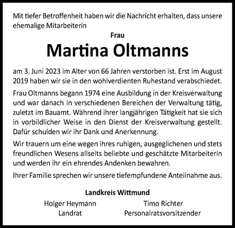 Traueranzeigen Von Martina Oltmanns Nordwest Trauer De