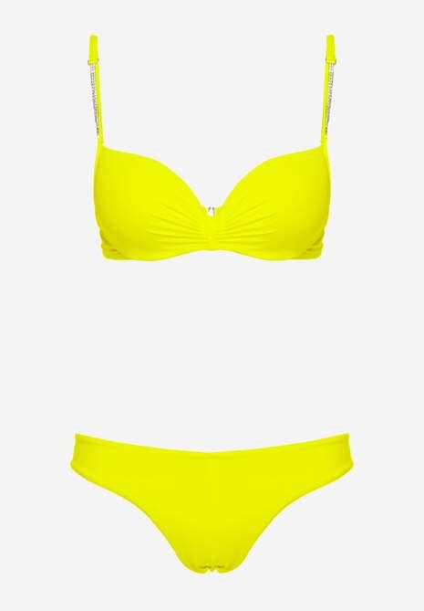 Jasnozielone Bikini Usztywniany Biustonosz z Cyrkoniami i Spodenki Kąpielowe Wykończone Gumką w