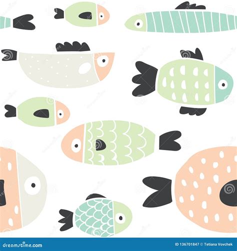 Cute Handdrawn Colorful Fish Seamless Pattern Stock Vector