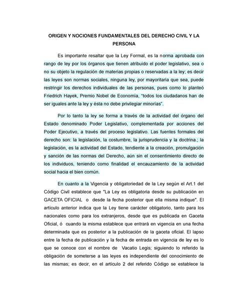 Origen Y Nociones Fundamentales DEL Derecho Civil Y LA Persona ORIGEN