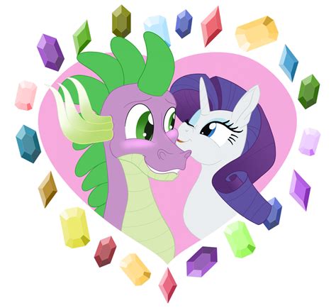 2466386 Safe Artist Sixesandsevens Rarity Spike Blushing Cheek Kiss Female Gem Heart