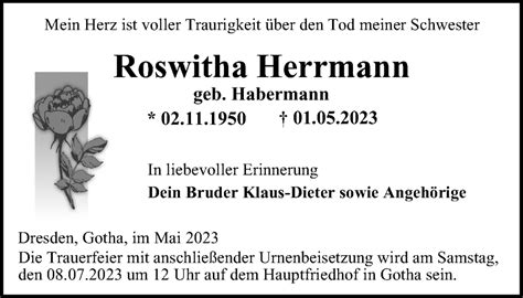 Traueranzeigen Von Roswitha Herrmann Trauer In Thueringen De