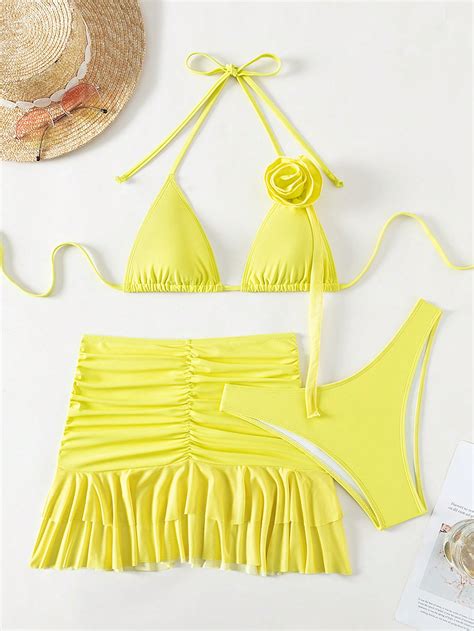 SHEIN Swim Vcay Bañador bikini triángulo halter aplique con falda de