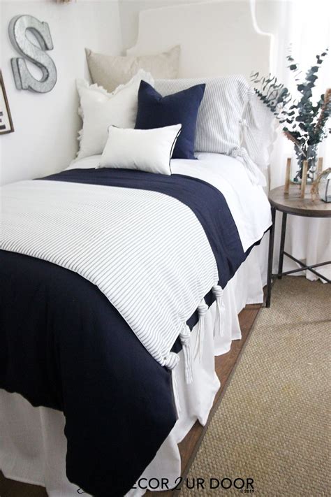 Farmhouse Navy Ticking Stripe And Ties Dorm Bedding Set Dorm Room