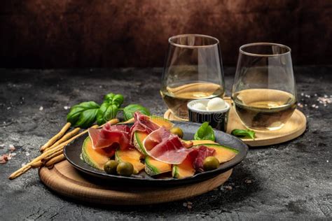 Italian Food With Red Wine Melon And Prosciutto Cantaloupe Melon With