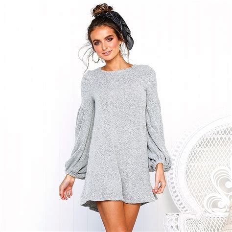 Sexy O Neck Lantern Sleeve Knitted Sweater Mini Dress Antumn Long