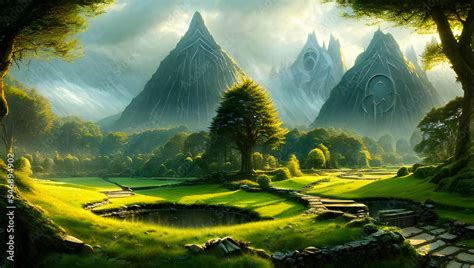 Sunlit Fantasy Landscape With Mountains Forests And Lakes Elves