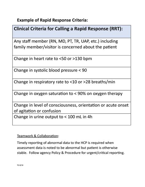 Rapid Response Criteria Example Of Rapid Response Criteria Clinical