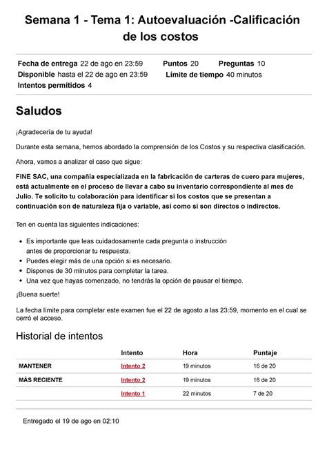 Semana 1 Tema 1 Autoevaluación Calificación de los costos Costos