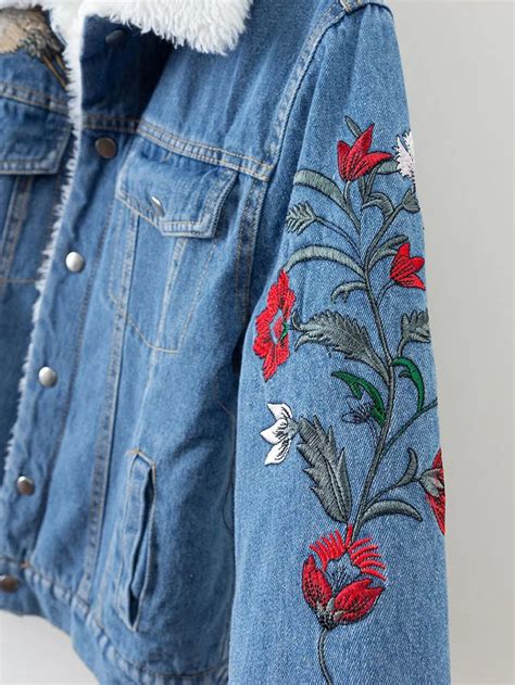 Blue Floral Embroidery Denim Jacket With Faux Shearling Lining Shein Sheinside