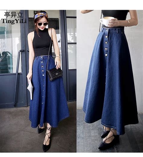 Tingyili Button Front Long Denim Skirt Jeans Saias A Line Casual Maxi