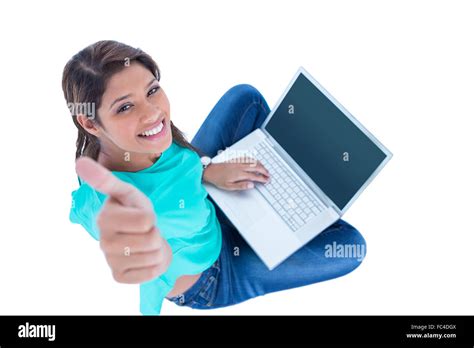 Happy Pretty Brunette Looking At Camera With Thumbs Up Stock Photo Alamy