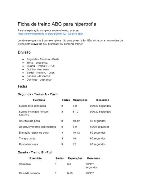 Ficha De Treino Abc Para Hipertrofia Pdf Peso Esportes Atléticos