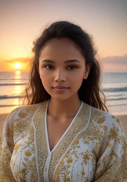 Belle Femme En Robe De Couleur Claire Sur La Plage Avec Coucher De