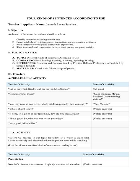 A Detailed Lesson Plan In English Pdf Lesson Plan Sentence 56 Off