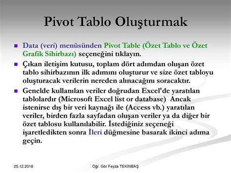 PİVOT TABLOLAR Özet Tablolar ppt indir