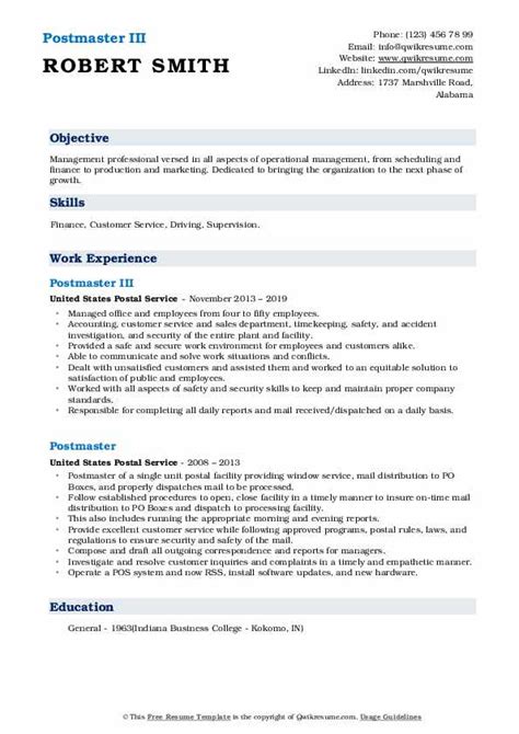 Postmaster Resume Samples Qwikresume