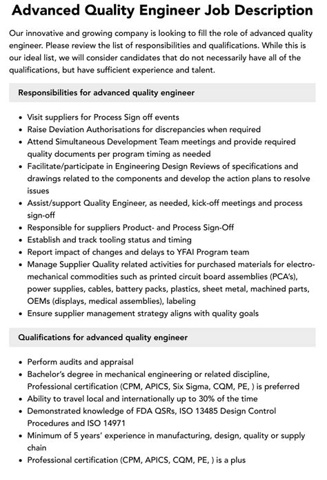 Advanced Quality Engineer Job Description Velvet Jobs