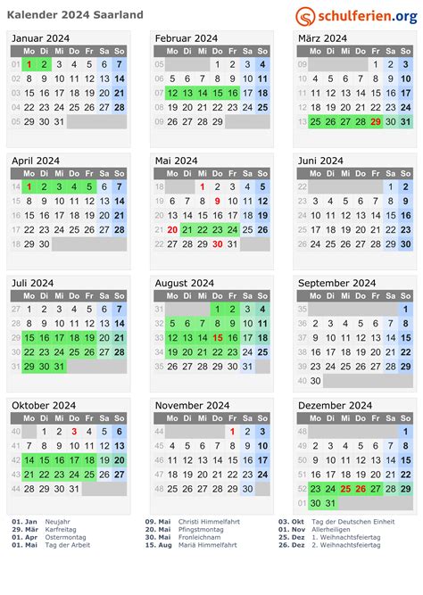 Kalender 2024 Ferien Saarland Feiertage