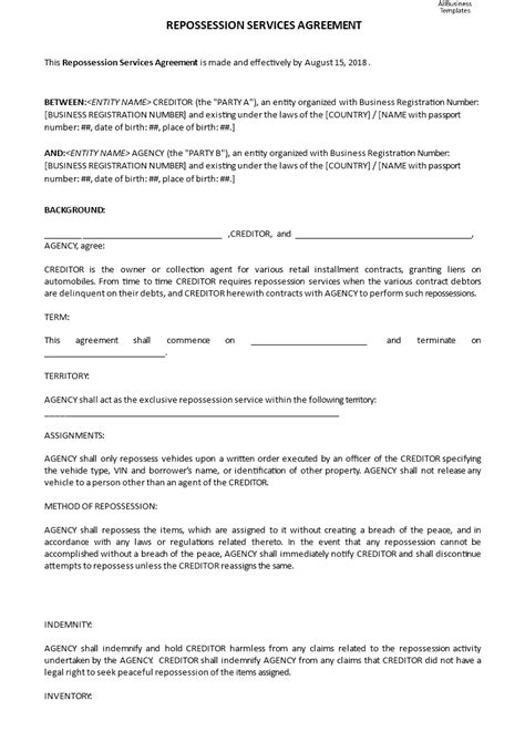 Repossession Service Agreement Templates At