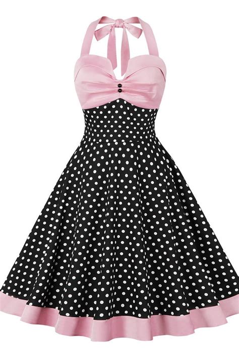 Vintage Pink And Black Polka Dot Halter Midi Dress Modsele