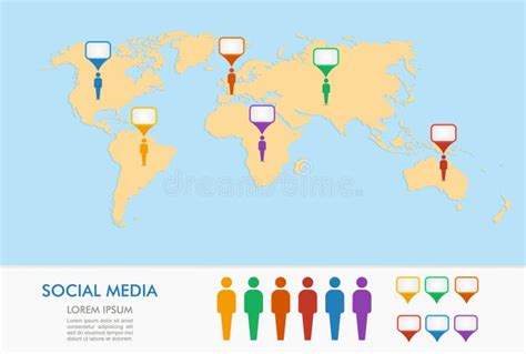 World Map Men Figures Geo Position Pointers Infographics Stock