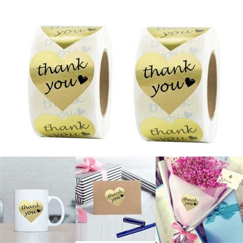 2 Rolls Gold Heart Shape Thank You Stickers Foil Decorative Sealing