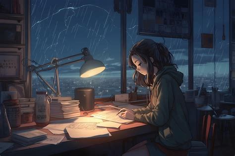 Premium Photo Cool Lofi Girl Studying At Her Desk Rainy Or Cloudy