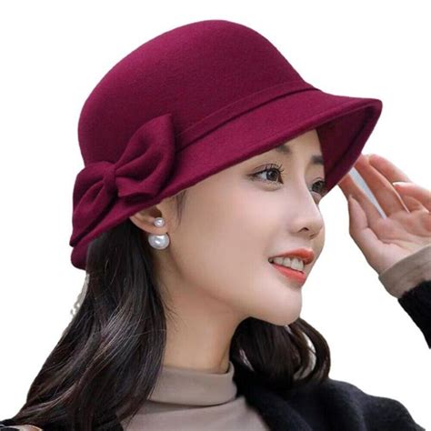 Women Vintage Winter Wool Felt Bucket Cap Retro Elegant Church Bowler