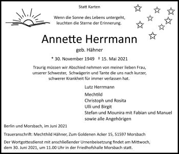 Traueranzeigen Von Annette Herrmann Wirtrauern