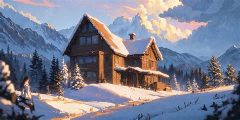 Log Cabin Mountain Scenery Wallpaper