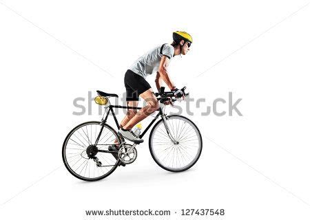 A Male Bicyclist Riding A Bicycle Isolated Against White Background