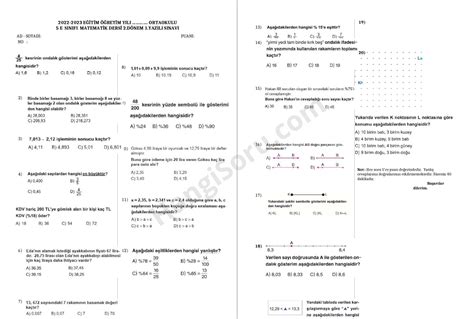 Matematik 5 Sınıf 2 Dönem 1 Yazılı Soruları 2023 Test İndir Hangisoru