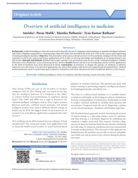 Pdf Overview Of Artificial Intelligence In Medicine