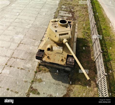 Aerial Image of the historical most popular old T-34 soviet tank. Ussr ...