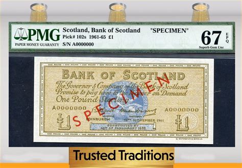 Welt Banknoten 1 POUND TT PK 102s 1961 65 SCOTLAND SPECIMEN PMG 67 EPQ