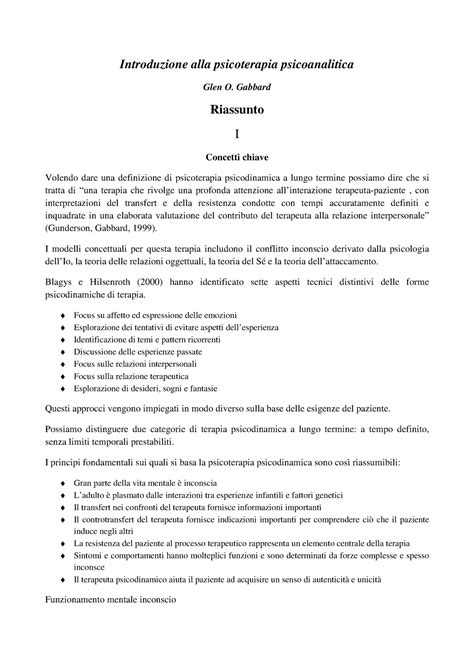 Introduzione Alla Psicoterapia Psicoanalitica Gabbard Riassunto I