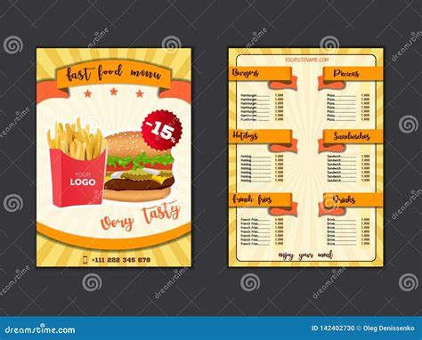 Fast Food Restaurant Menu Template Lunch Dishes And Drinks List With