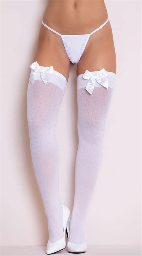 White Opaque Thigh High With Satin Bow