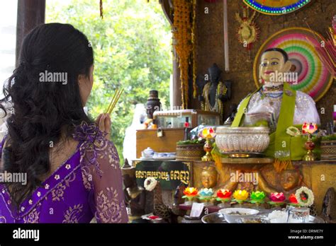 Asian Girl Praying In Temple Wat Pagoda Phnom Penh Cambodia Stock