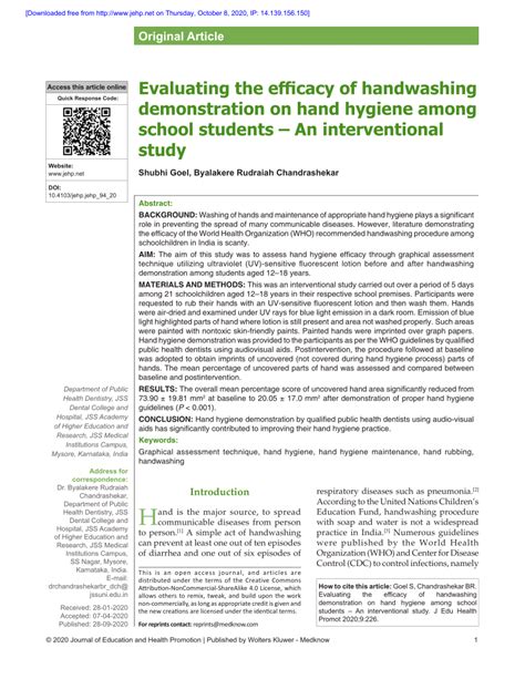 Pdf Evaluating The Efficacy Of Handwashing Demonstration On Hand