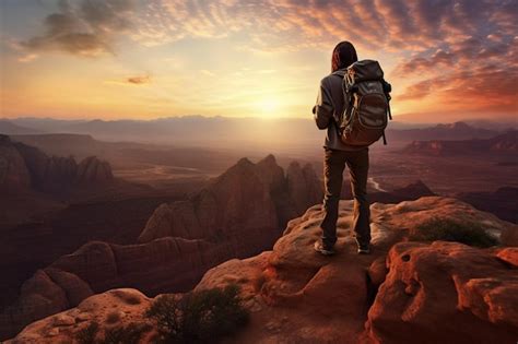 Adventurous Backpacker Photographer Standing On Mountain Peak And